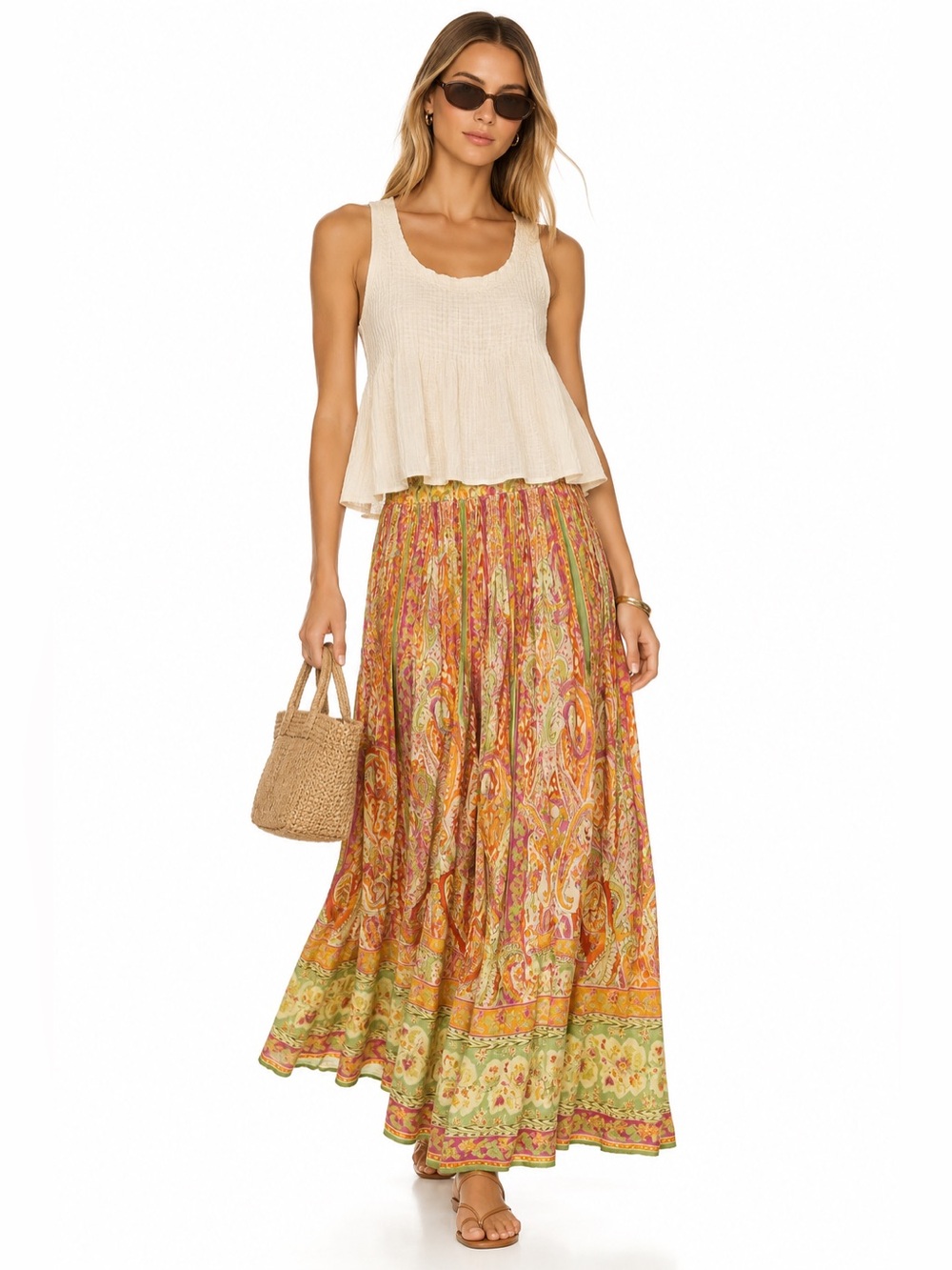 Zara Large Boho Paisley Floral Maxi Skirt Pink Orange Green Festival semi sheer